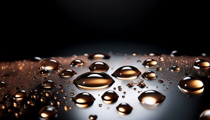 Wall Mural - black background water droplets floating on the surface of a liquid metal