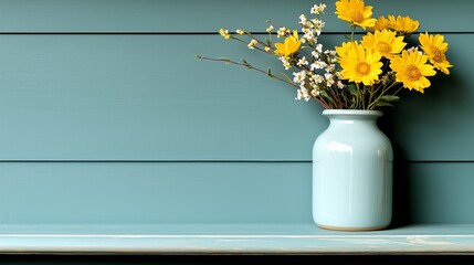 Canvas Print - A blue vase with yellow flowers on a blue wooden shelf.