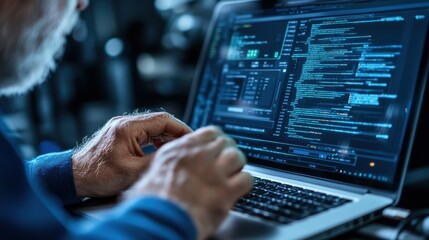 A focused programmer meticulously examines intricate code on a laptop screen, surrounded by a low-light workspace, emphasizing concentration and detail in software development