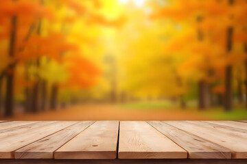 The empty blank wooden table with background of autumn.