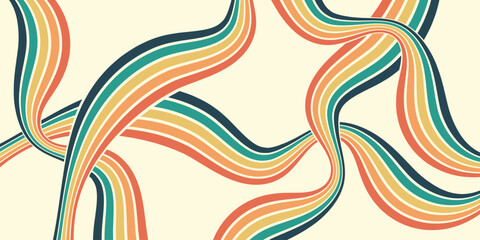 Wall Mural - Abstract colorful 70s background vector. Vintage retro wallpaper with rainbow stripes and wavy lines. A 1970 color illustration suitable for posters, banners, decorative items and wall art.