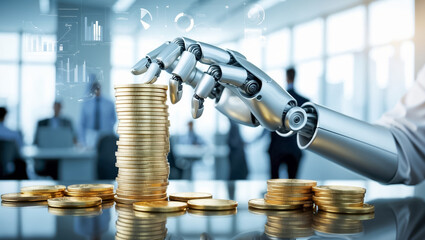 robot hand with coins, background