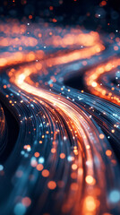 Aufkleber - Futuristic technological landscape with fiber optic strands emitting orange and blue bokeh while transmitting data through a network