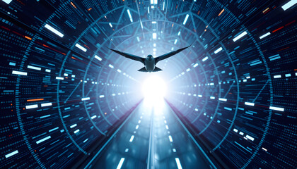 Wall Mural - flying inside digital data tunnel isolated with white highlights, png