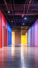 Fototapete - Vibrant, colorful walls illuminating an industrial corridor with a polished floor, creating a modern and artistic atmosphere