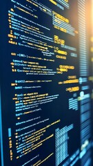 A close-up shot of a computer screen displaying lines of code in a dark blue and bright yellow color scheme