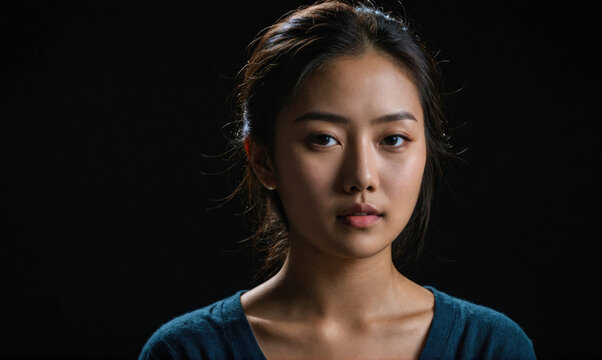 a young woman with dark hair stares intently at the camera, her expression serious