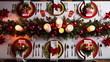 © PanoramaStudio - A festive Christmas table setting with red and green decorations, candles, and small gifts.