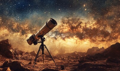 A powerful research-grade telescope stands on a Martian landscape under the Milky Way.