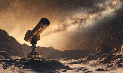 A powerful research-grade telescope stands on a Martian landscape under the Milky Way.