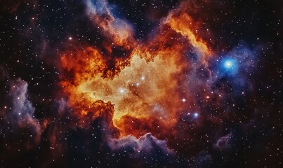 A vibrant nebula in space with clouds of red and blue gas and numerous stars scattered throughout the cosmic scene