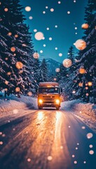 Wall Mural - Vintage Truck Driving on Snowy Road Through Winter Wonderland at Night, Magical Christmas Atmosphere