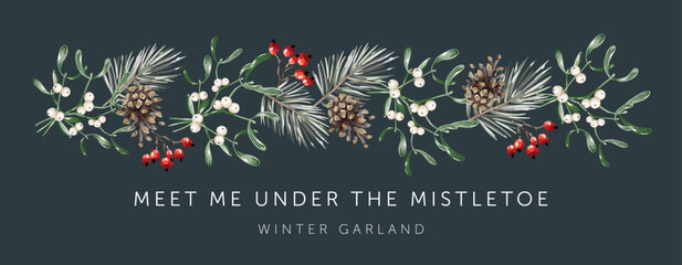 Wall Mural - christmas garland, text, black background. mistletoe, green pine twigs, cones, red berries. winter n