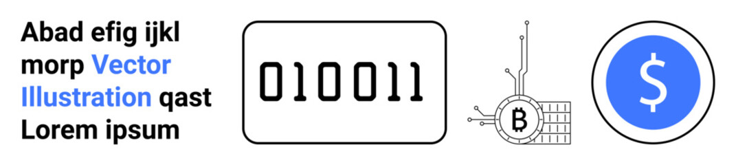 Text block, binary code, Bitcoin circuit, dollar symbol. Ideal for fintech, cryptocurrency, digital payments, blockchain education, online banking financial presentations tech articles. Landing