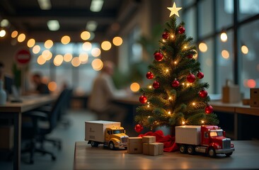 miniature christmas tree with red ornaments and toy trucks, packages on office desk. christmas light