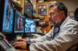 © dyshlivenko - A healthcare worker in a white coat focuses on multiple computer screens while providing telemedicine consultations. The office is filled with medical equipment and patient images during work hours