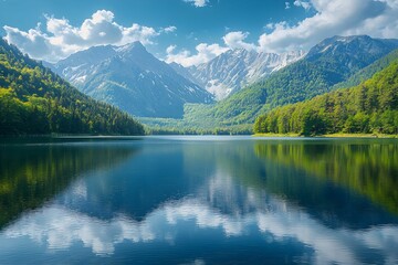 Wall Mural - Tranquil mountain lake reflecting sky and greenery in the afternoon