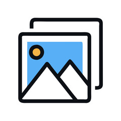 a clean vector icon representing a gallery with two overlapping picture frames, featuring a mountain