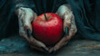 © Frame Fusion - A mysterious figure in dark attire holding a glistening red apple in an eerie, atmospheric setting during twilight