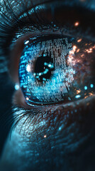 Leinwandbilder - Close-up of an eye with a reflection of binary code and digital data, symbolizing future vision, technology, and communication