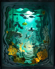 Wall Mural - An intricate shadowbox artwork made from layered paper sheets, depicting a deep underwater scene with coral reefs, fish, and a hidden treasure chest. 