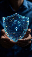 Aufkleber - Businessman showcasing holographic shield with lock symbolizing data security and cybersecurity