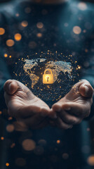 Poster - Businessman holding glowing world map with digital padlock, symbolizing global network security and data protection