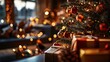 © Nonnarit - Christmas tree adorned with red and gold ornaments, surrounded by wrapped gifts, warm ambient lighting, cinematic bokeh effect for a cozy holiday atmosphere