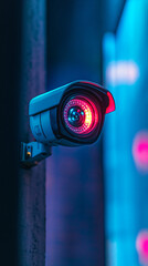 Aufkleber - Enhanced night vision and surveillance capabilities with modern security camera featuring infrared leds, pole-mounted in neon-lit environment