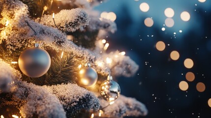 Wall Mural - Close-up of a snow-covered Christmas tree outdoors, decorated with simple white and silver ornaments, cinematic night sky backdrop