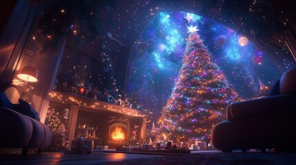 Wall Mural - Christmas tree decorated with colorful lights and tinsel, cozy room with a glowing fireplace, cinematic perspective