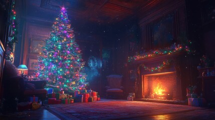 Wall Mural - Christmas tree decorated with colorful lights and tinsel, cozy room with a glowing fireplace, cinematic perspective