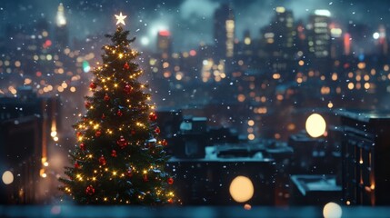 Wall Mural - Tall Christmas tree outdoors, city lights in the background, holiday decorations with a cinematic evening ambiance