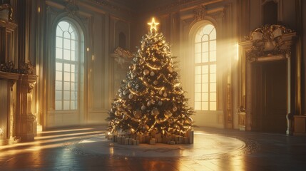 Wall Mural - Christmas tree with star on top, decorated in elegant gold and white ornaments, warm glow creating a cinematic atmosphere