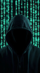 Fototapete - Hacker wearing hoodie is hiding face behind laptop, with binary code scrolling down in background