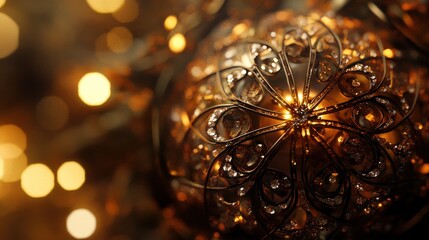 Wall Mural - Close-up of a Christmas tree ornament, intricate design, surrounded by soft lights and warm cinematic glow