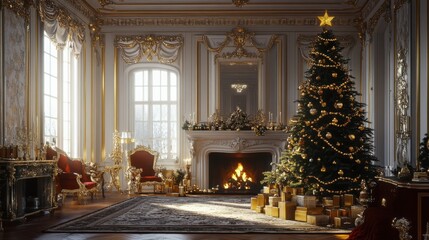 Wall Mural - Elegant Christmas tree in a grand room with a fireplace, decorated with gold ornaments, cinematic depth and warmth