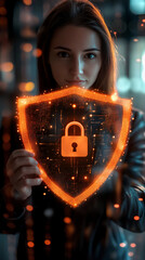 Aufkleber - Protecting sensitive information: businesswoman holding a digital shield with a closed padlock to ensure online safety from cyber threats