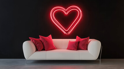 Modern valentine's day photo zone with neon heart and chic sofa design for interior décor