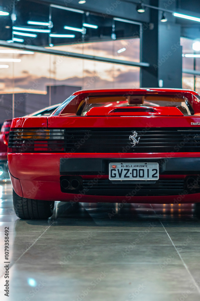 Red Ferrari Testarossa in dealership, Vintage Ferrari rear view, High ...