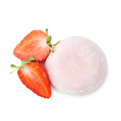 Delicious mochi and strawberry isolated on white, top view