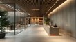 © M_H_L - Modern office reception area with wooden ceiling, glass walls, and plants.