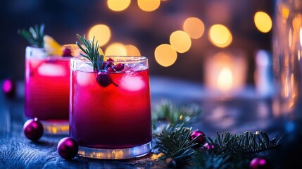 Wall Mural - Winter holiday drink recipes with vibrant colors, sleek glassware, soft lighting