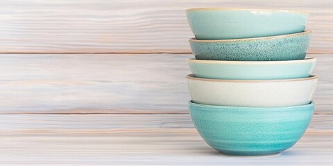 Sticker - Elegant stacked bowls in teal and green on a rustic wooden table, showcasing minimalist kitchen aesthetics