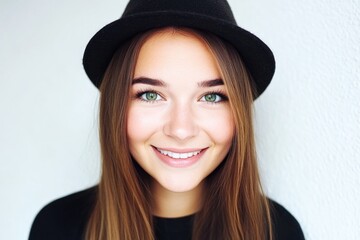 Wall Mural - Smiling woman in black hat with long hair against white background