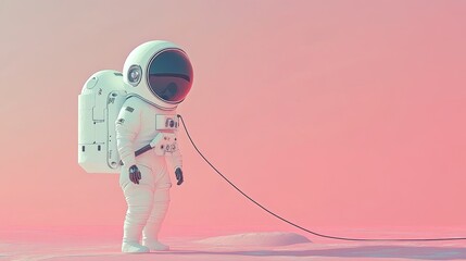 Wall Mural - A stylized astronaut stands on a surreal landscape, tethered by a cable, with a soft pink and purple gradient background