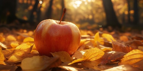 Sticker - A close-up of a dew-covered apple resting on a bed of autumn leaves in a sunlit forest setting