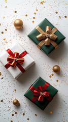 Wall Mural - Trio of minimalist Christmas gift boxes wrapped in white paper with red, green, and gold ribbons on a white background with confetti