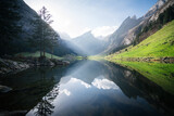 Fototapeta Góry - Switzerland alpine mountain scenery at Seealpsee lake, Appenzellerland region, Switzerland