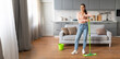 © Prostock-studio - A young woman stands confidently with a mop in hand, smiling while cleaning the wooden floor of her modern kitchen and living area. A green bucket is nearby, indicating her cleaning task.